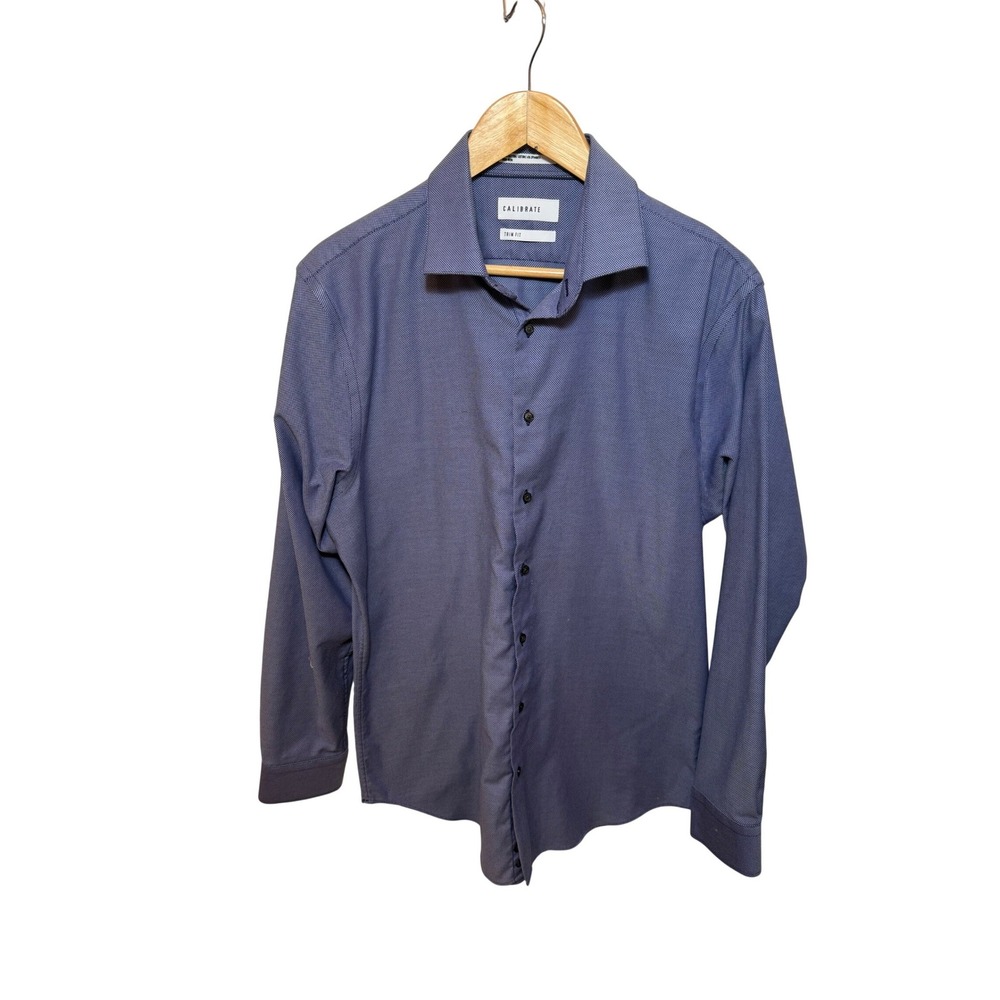 Calibrate Dress Shirt Mens Large Blue Excellent Trim Fit Non-Iron Stretch